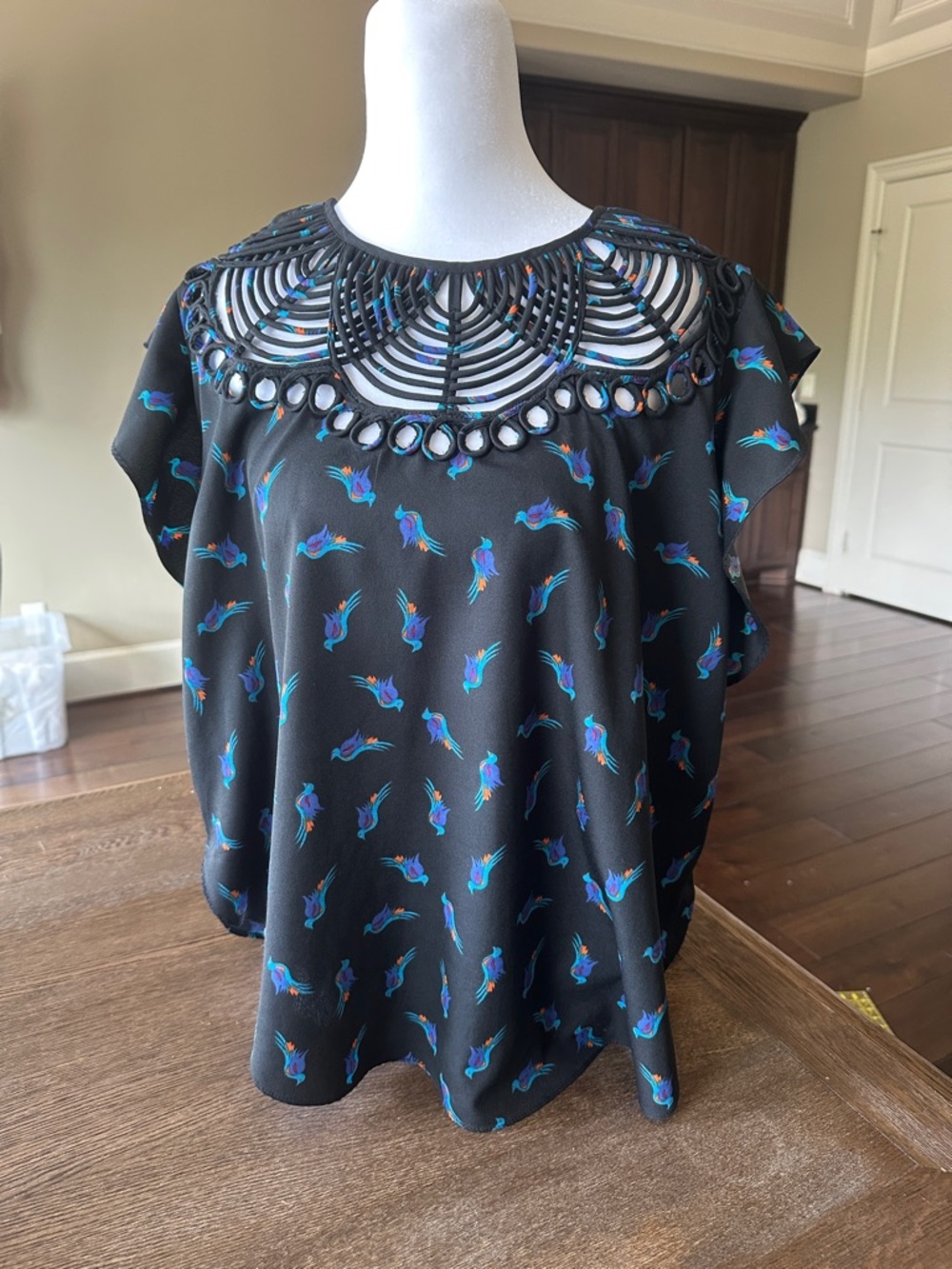 Ranna Gill Black Cutout Yoke Flutter Sleeve Blouse with Blue and Teal Print